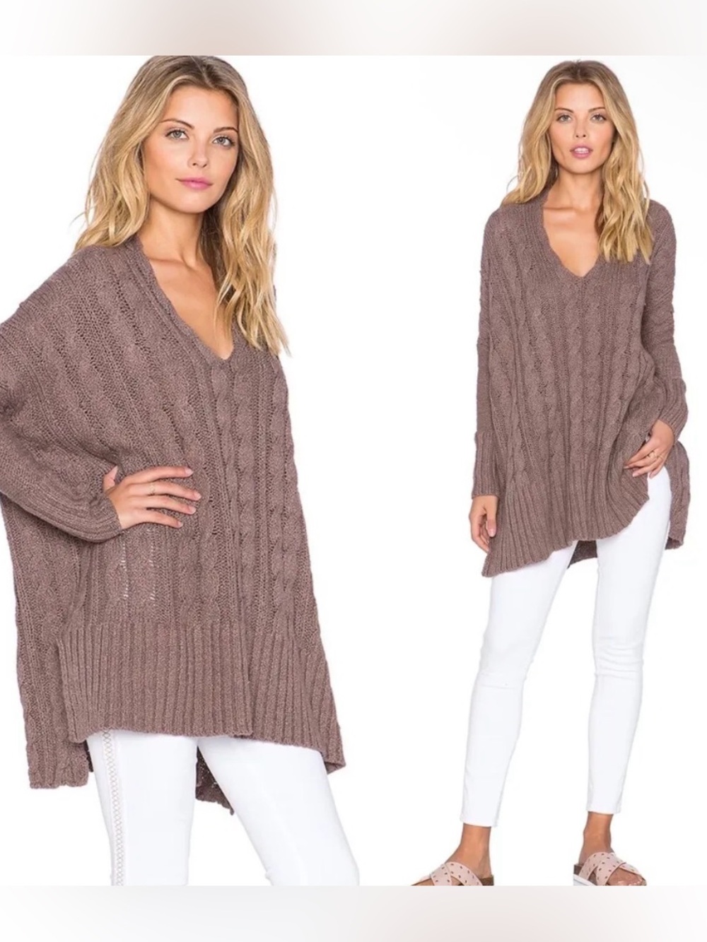 Free People Easy Cable V Neck Sweater in Mushroom
